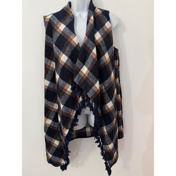 Plaid Vest Flannel Long Boho Women Sleeveless Shacket Fringe Festival M Navy - Picture 1 of 6